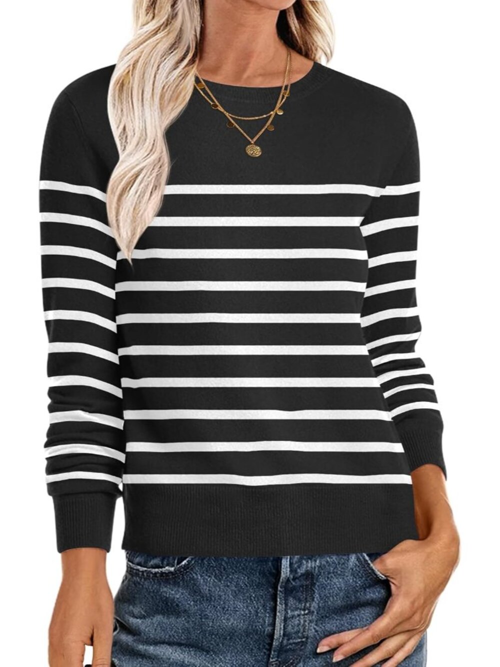 Women Black white Crew Neck Knit Long Sleeve Winter Casual Pull On Sweater